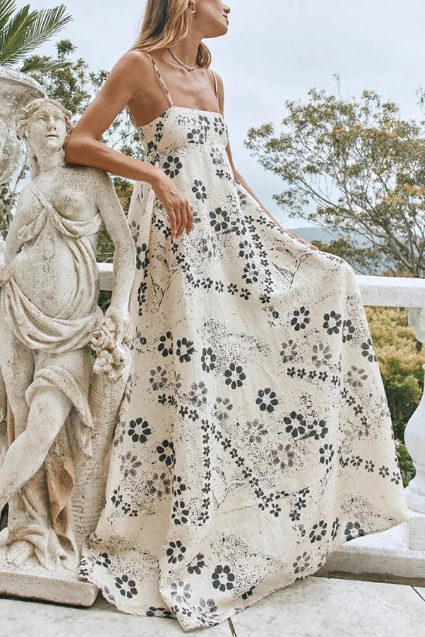 Linen Blend Floral Print Strappy Full-hem Backless Maxi Dress - Fashionpara