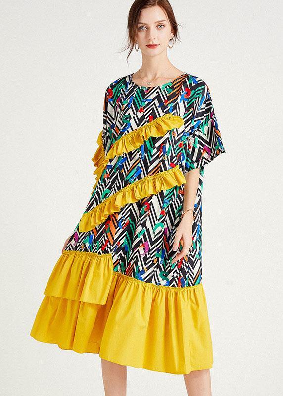 Zigzag Print Diagonal Ruffle Front Double Tier Midi Dress