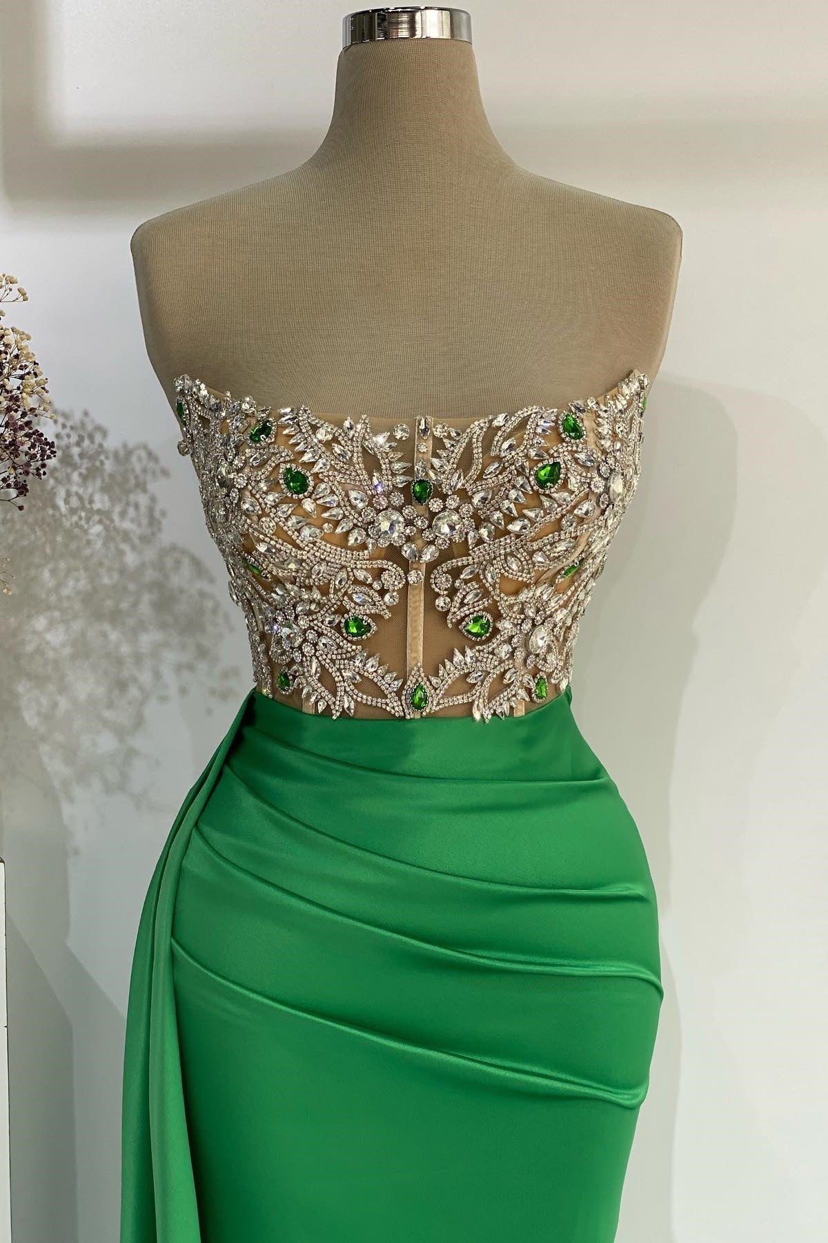 Designer Strapless Emerald Green Mermaid Long Prom Dress With Beads - Fashionpara