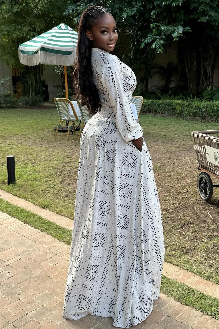 Geometric Print Button Front Long Sleeve Maxi Dress 4