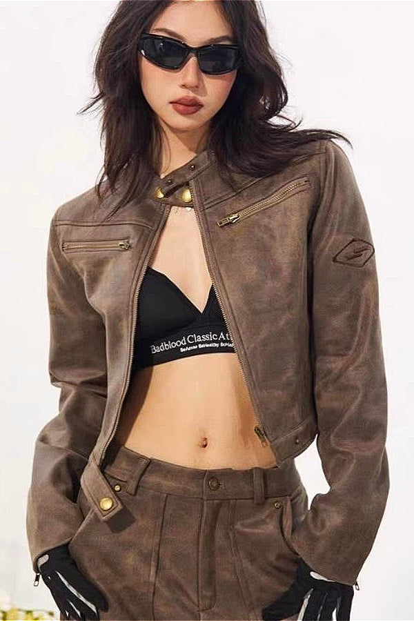 Distressed Suede Moto Stand-Collar Jacket