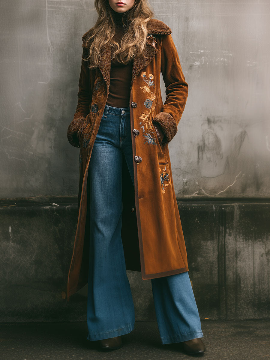 Vintage Embroidered Microsuede Shearling Lining Long Coat - Fashionpara