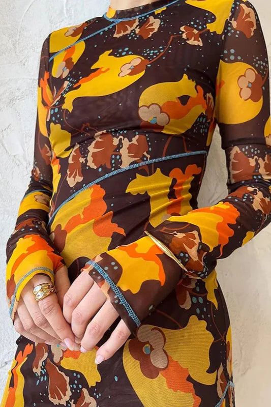 Floral Sheer Long Sleeve Split Maxi Dress