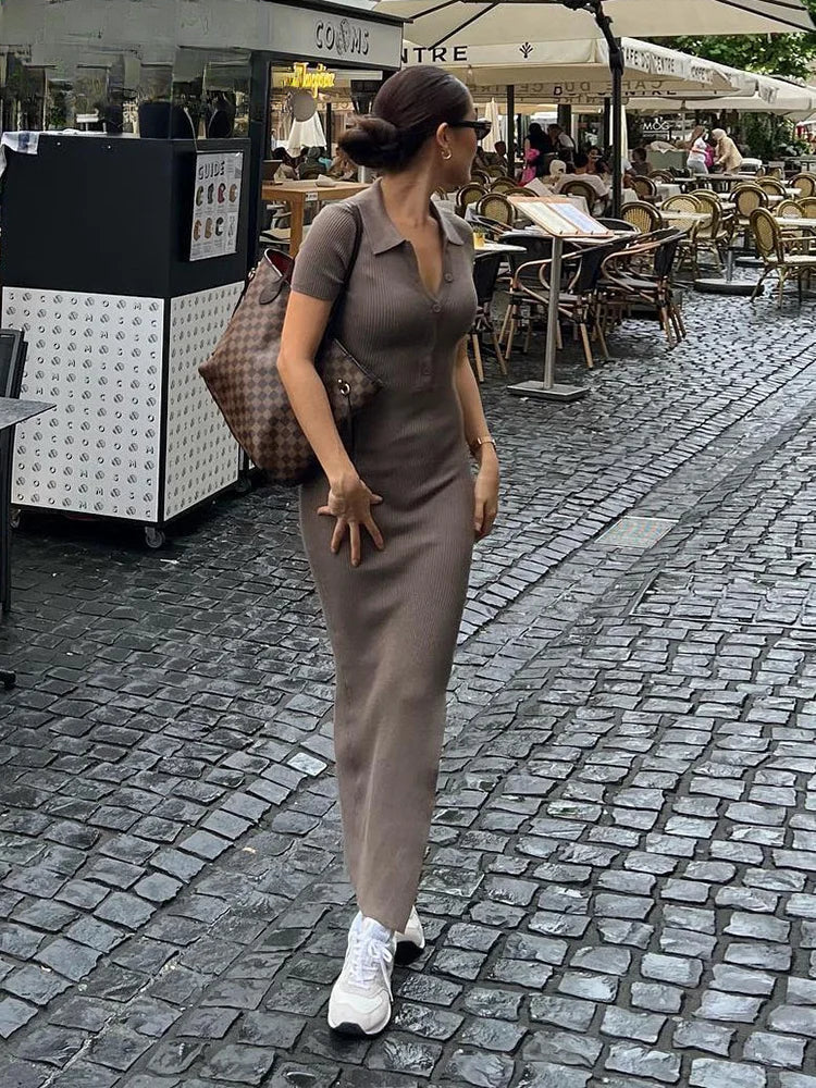 Ribbed Knit Collared Short Sleeve Bodycon Maxi Dress