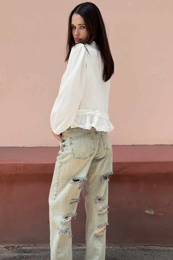 Round Neck Ruffled Ruched Loose Blouse