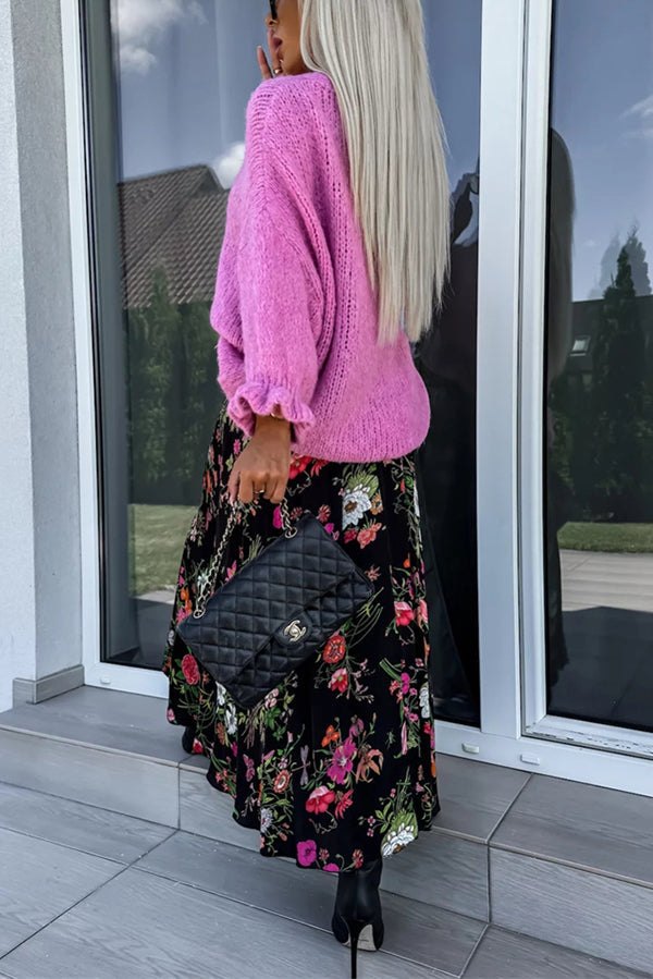 Solid Color Ruffled Long Sleeve Knitted Sweater for Women