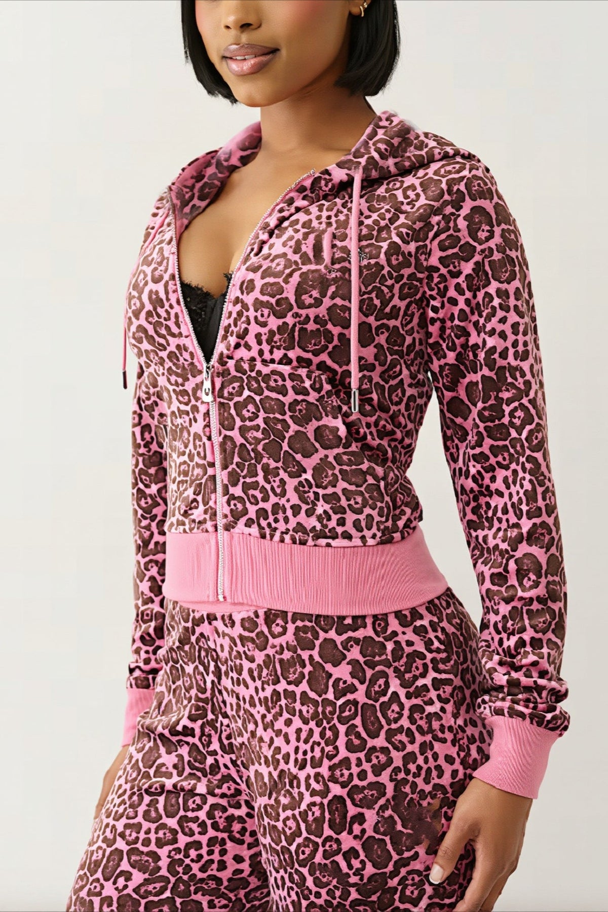 Leopard Print Cropped Zip Front Hoodie Two-Piece Set