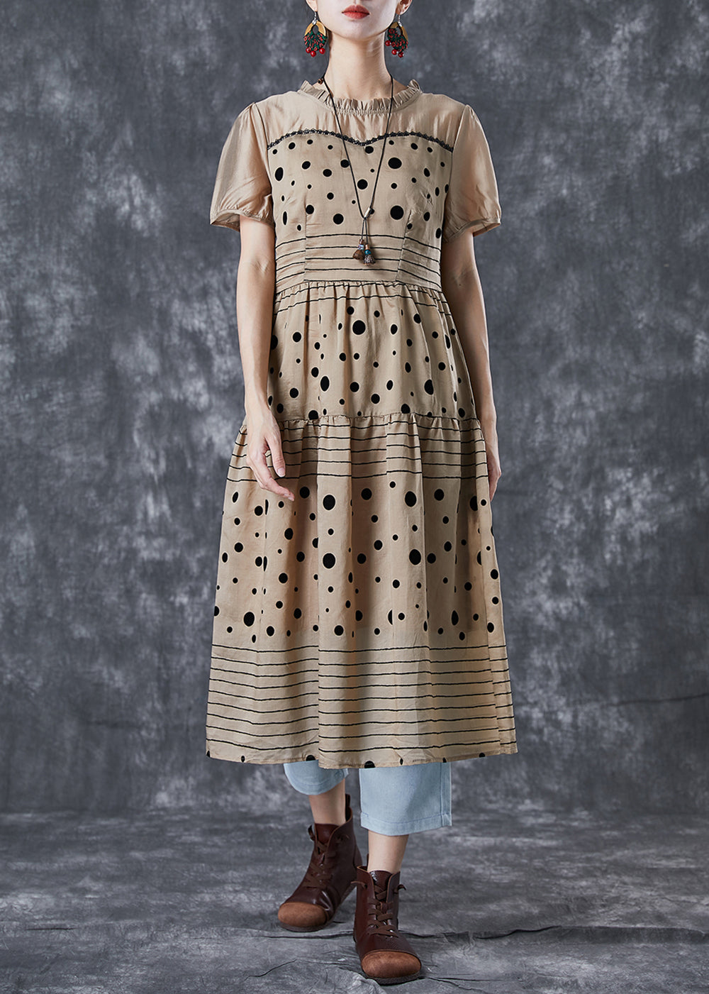 Polka Dot Stripe Patchwork Ruffle Neck Short Sleeve Tiered Midi Dress - View 2