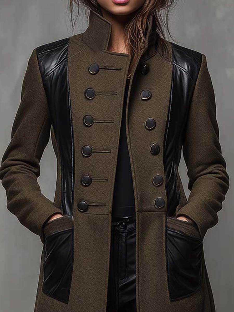 Military Green Long Coat With Black Contrast Panels - Fashionpara