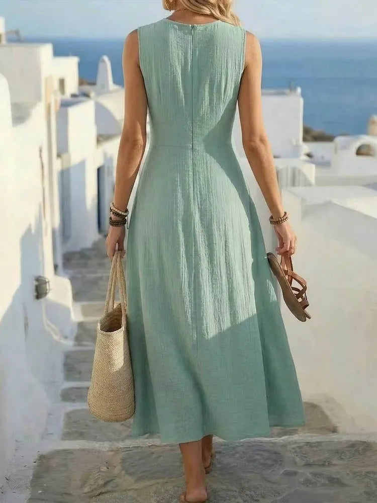 Crew Neck Sleeveless Cross Waist Fit and Flare Midi Dress 3