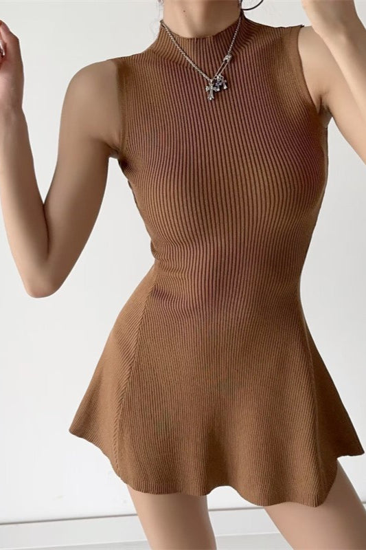 Sleeveless Solid Ribbed Fitted A-Line Sweater Dress