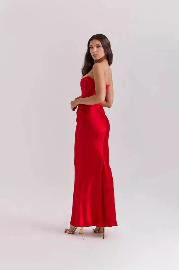 Satin Strapless Corset Ruched Mermaid Maxi Gown