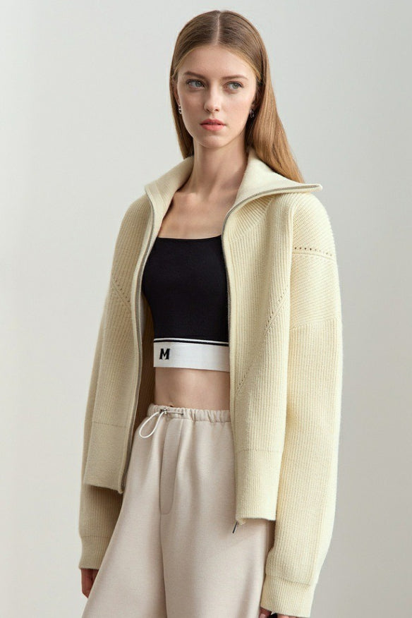 Thick Knit Zip Cardigan with Naval Collar for Cozy Elegance
