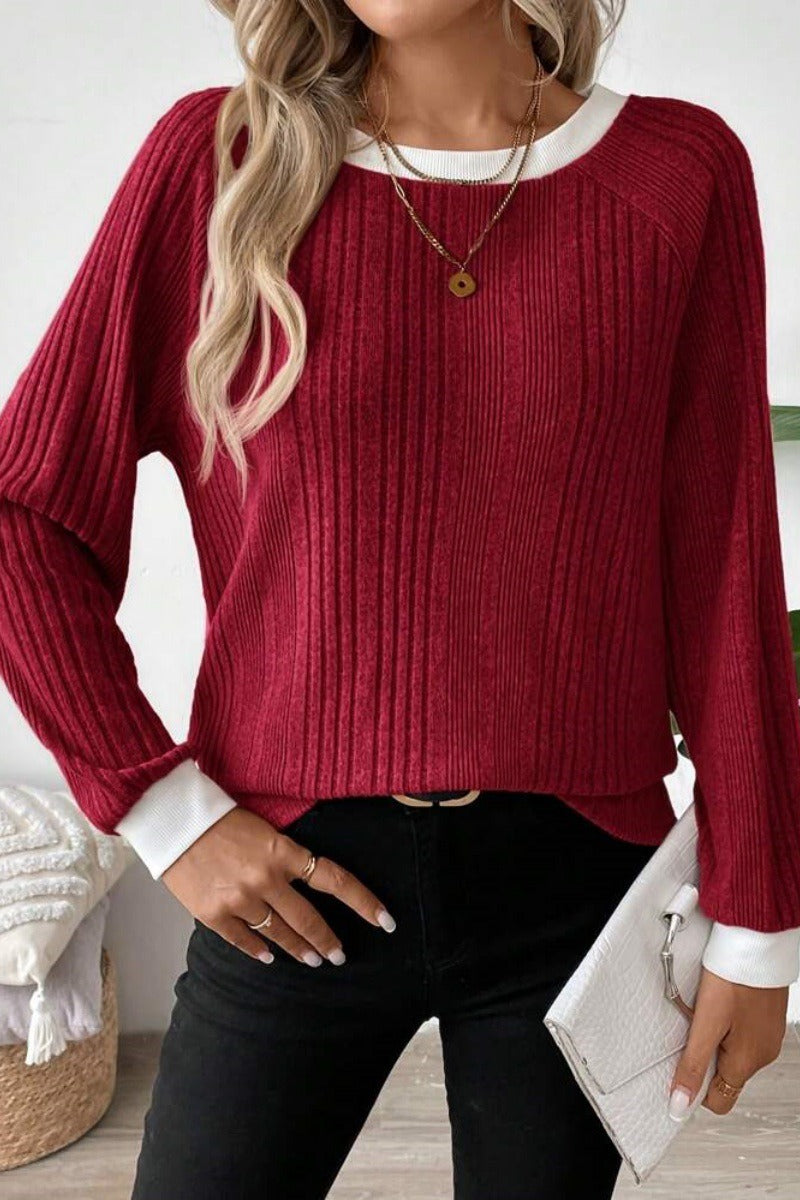 Ribbed Contrast Trim Crew Neck Knit Sweater