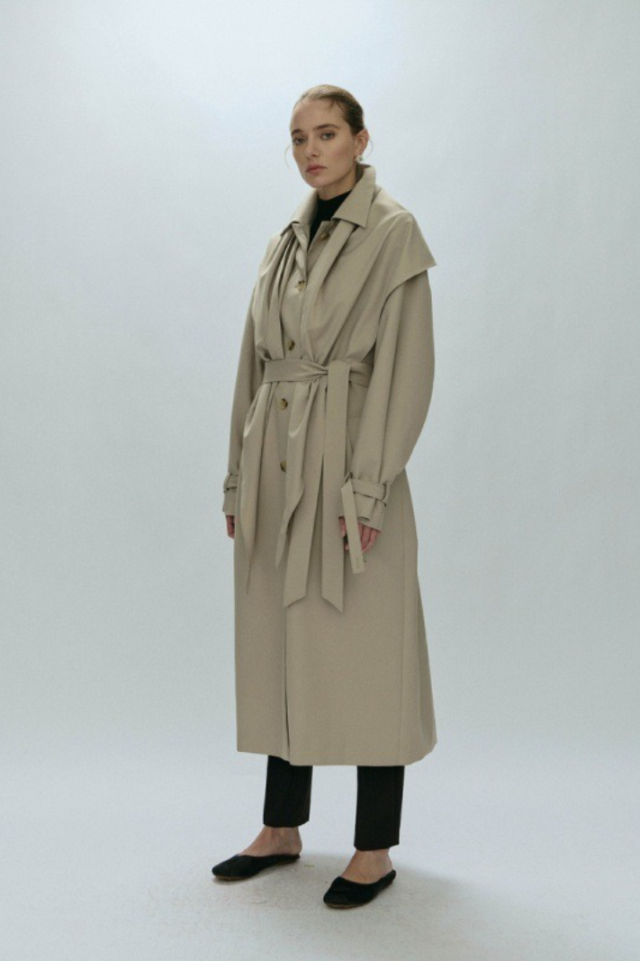 Detachable Cape Waist Tied Long Loose Minimalist Overcoat - Fashionpara