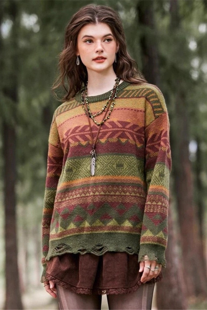 Distressed Geometric Knit Sweater