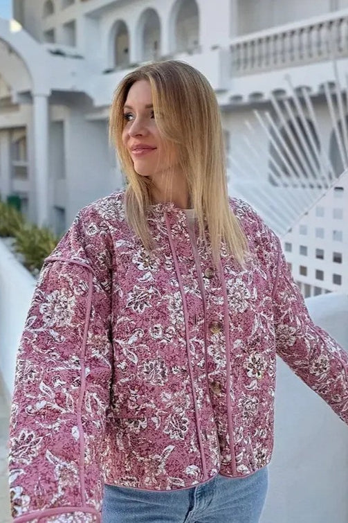 Floral Print Padded Coat with Crew Neck for Stylish Warmth