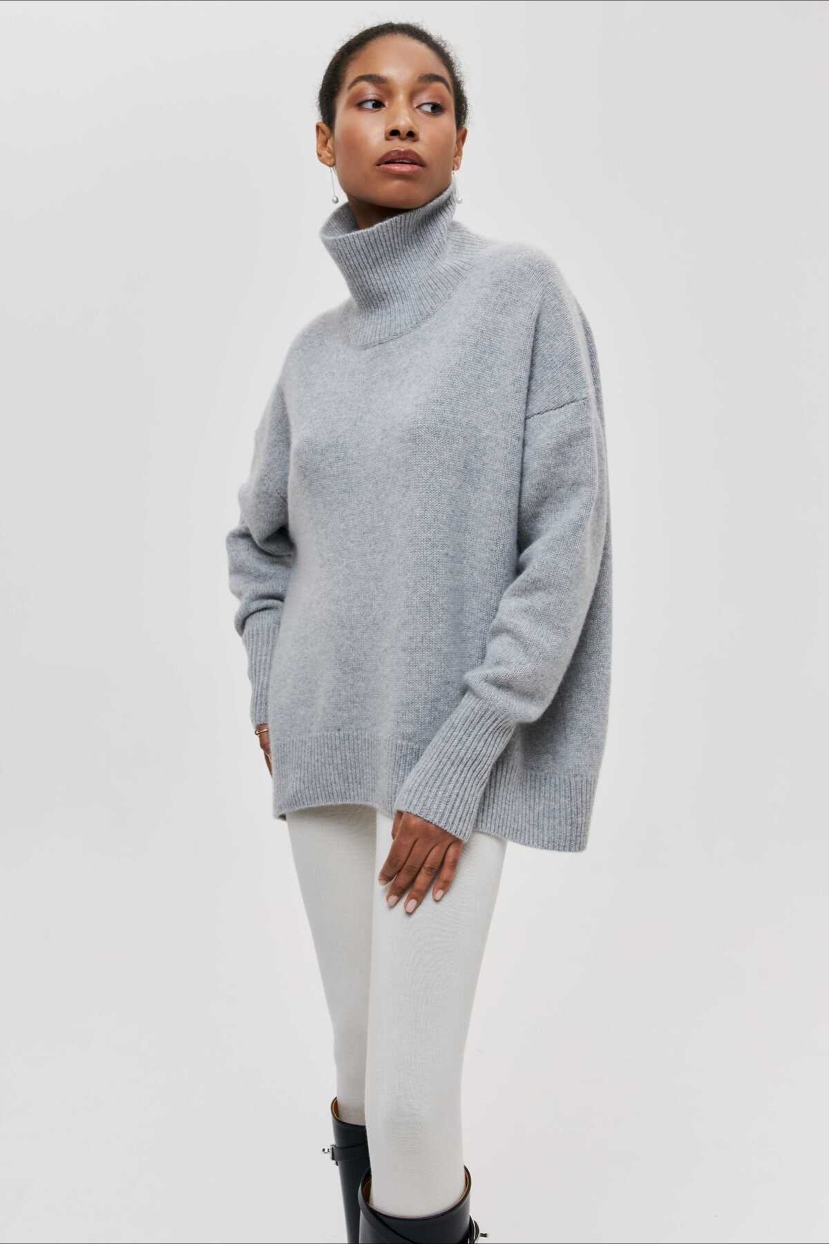 Asymmetric Cape Sleeve Turtleneck Knit Sweater 11