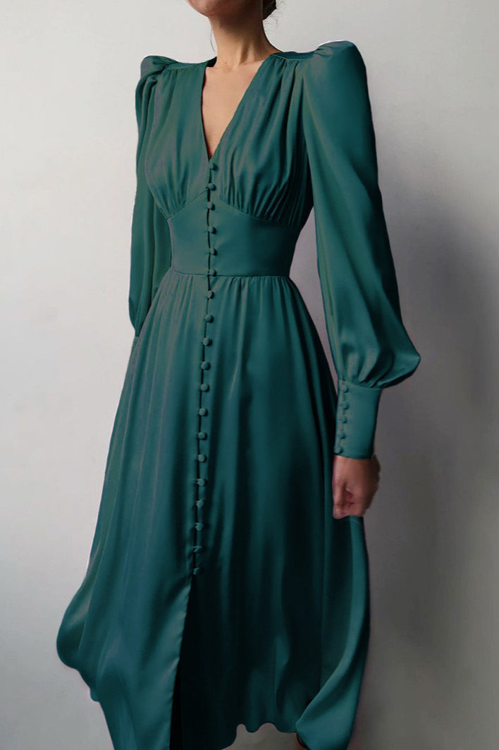 Vintage Satin Puff Sleeve Tailored Midi Dress