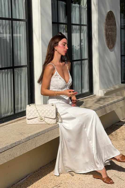 Lace V-Neck Spaghetti Strap Satin Bias Maxi Dress