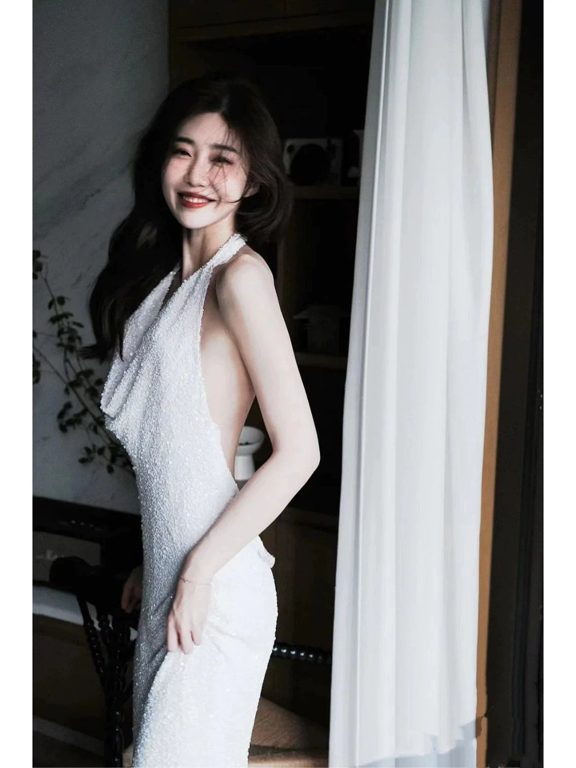 Halter Neck White Sequin Long Prom Dress Elegant Evening Dress - Fashionpara