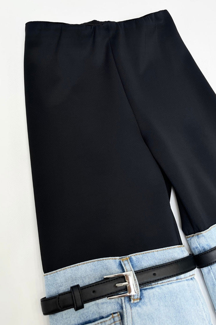 Eclectic Style High Waist Pocket Trim Belted Fit & Flare Spliced Denim Jeans