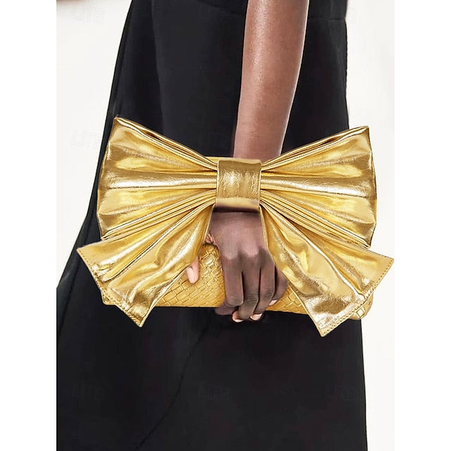 Oversized Faux Leather Bag Clutch Bow with Gold