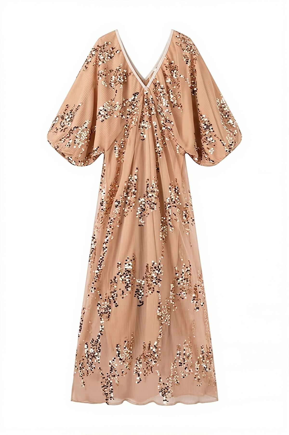 Sequin V-Neck Puff Sleeve Pleated Maxi Dress