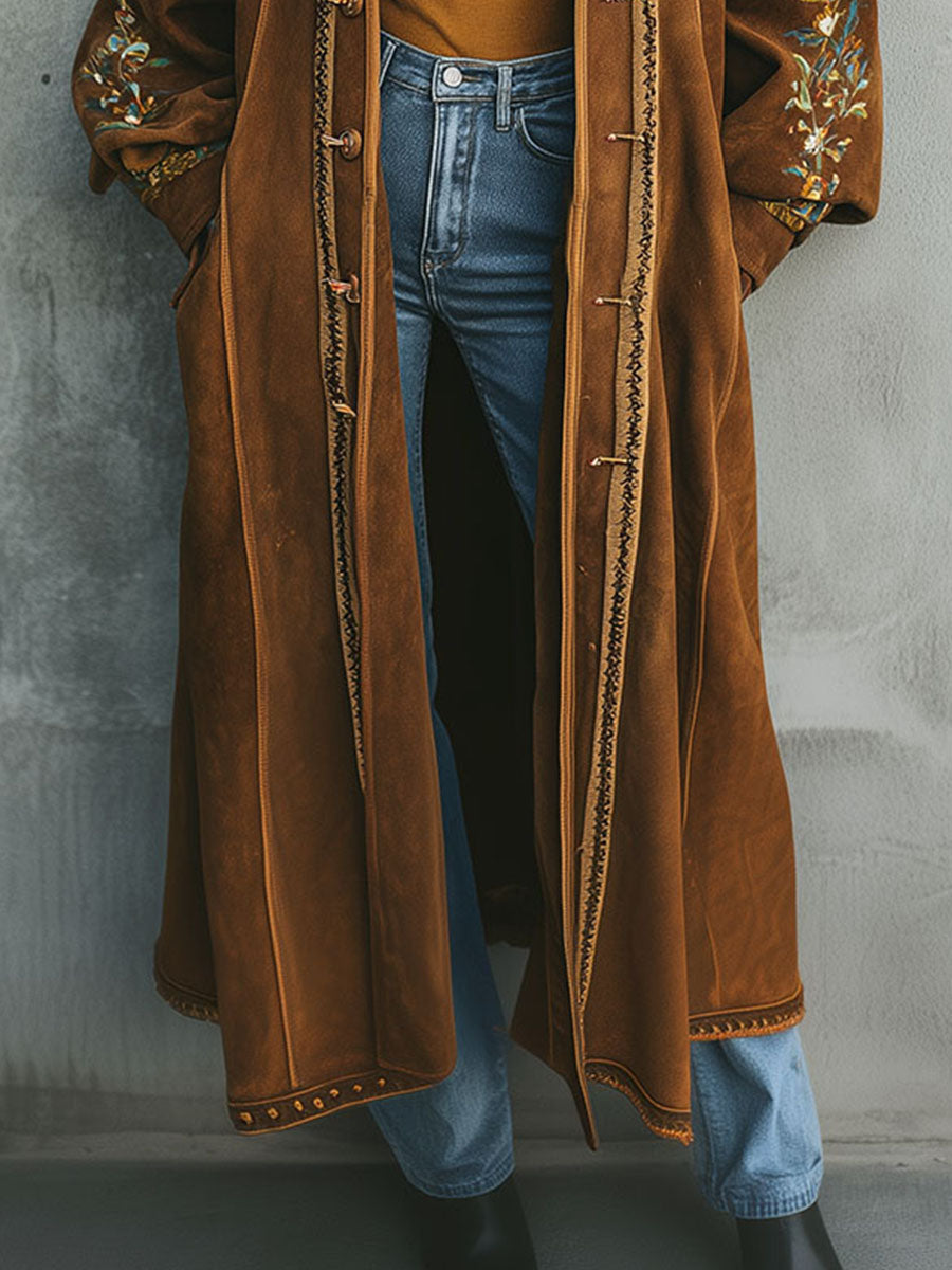 Boho Floral Embroidery Wide Collar Microsuede Long Coat - Fashionpara