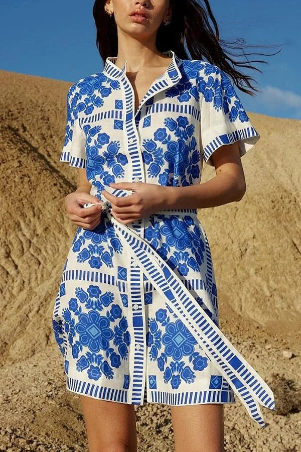 Unique Print Short Sleeve Button Tie Waist Mini Dress - Fashionpara