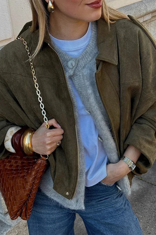 Shoulder-Buttoned Waist-Cinched Bomber Jacket