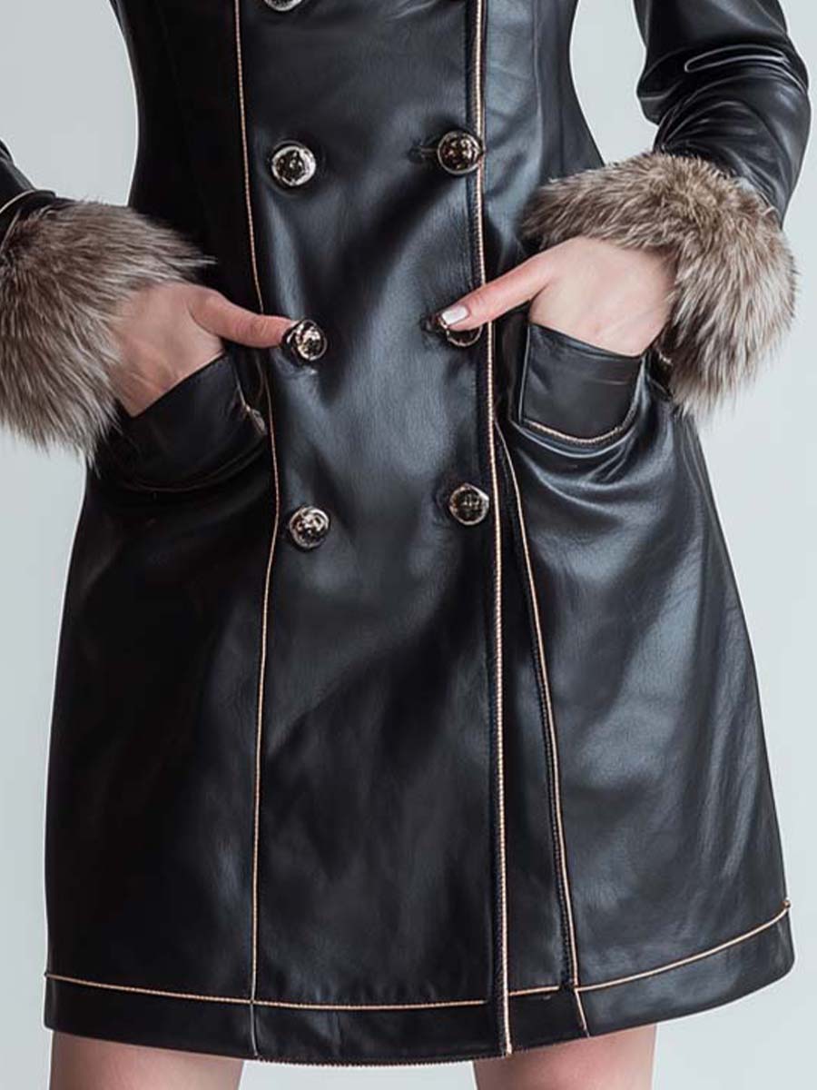 Vintage Black Eco-Leather Fitted Coat With Detachable Faux Fur Collar - Fashionpara