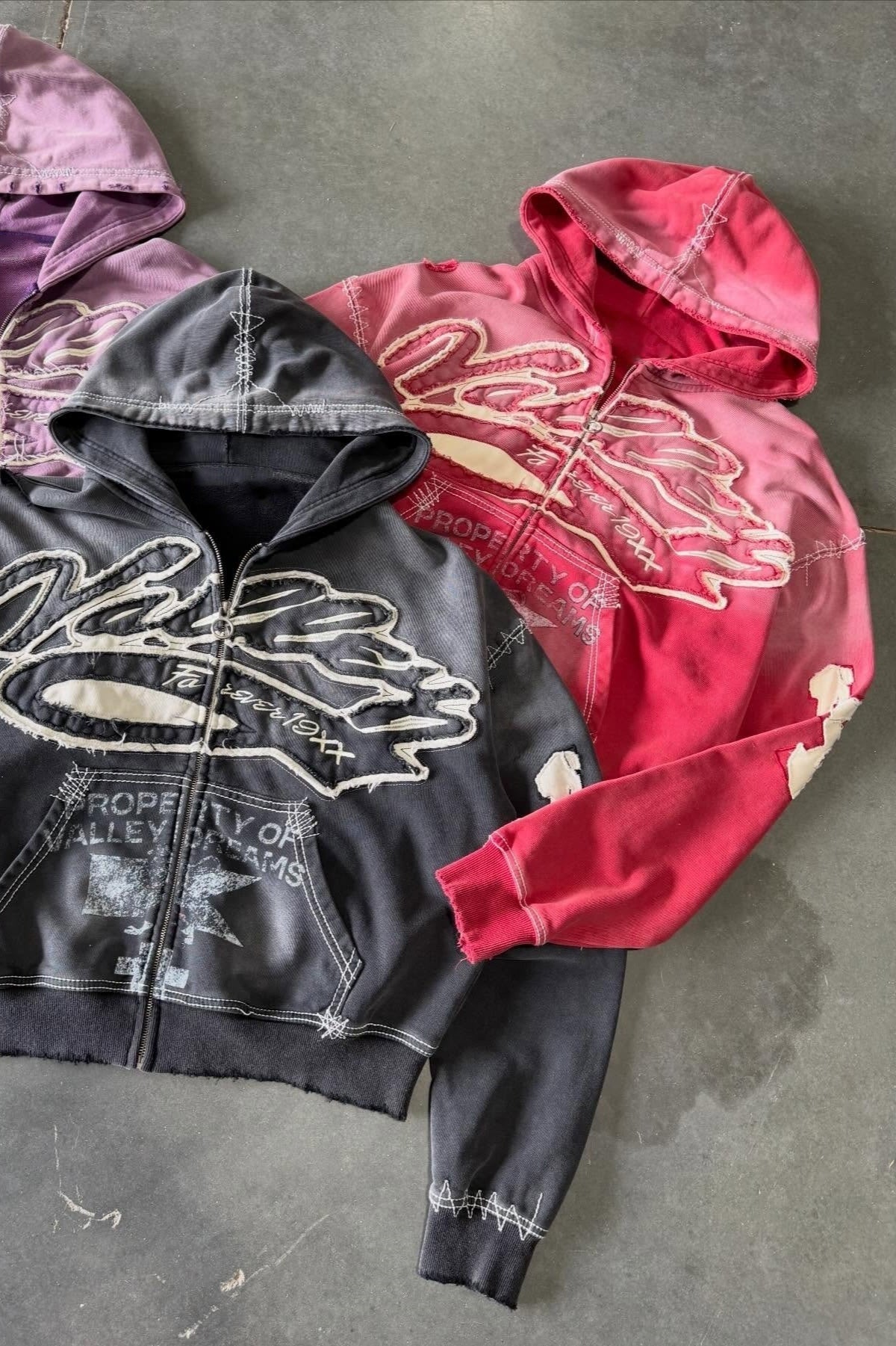 Washed Embroidered Graphic Zip Front Hoodie