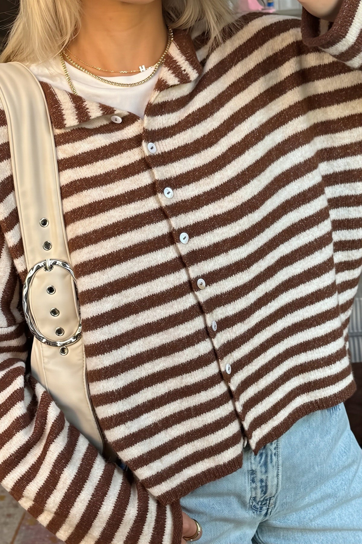 Stripe Roll Neck Button Casual Cardigan
