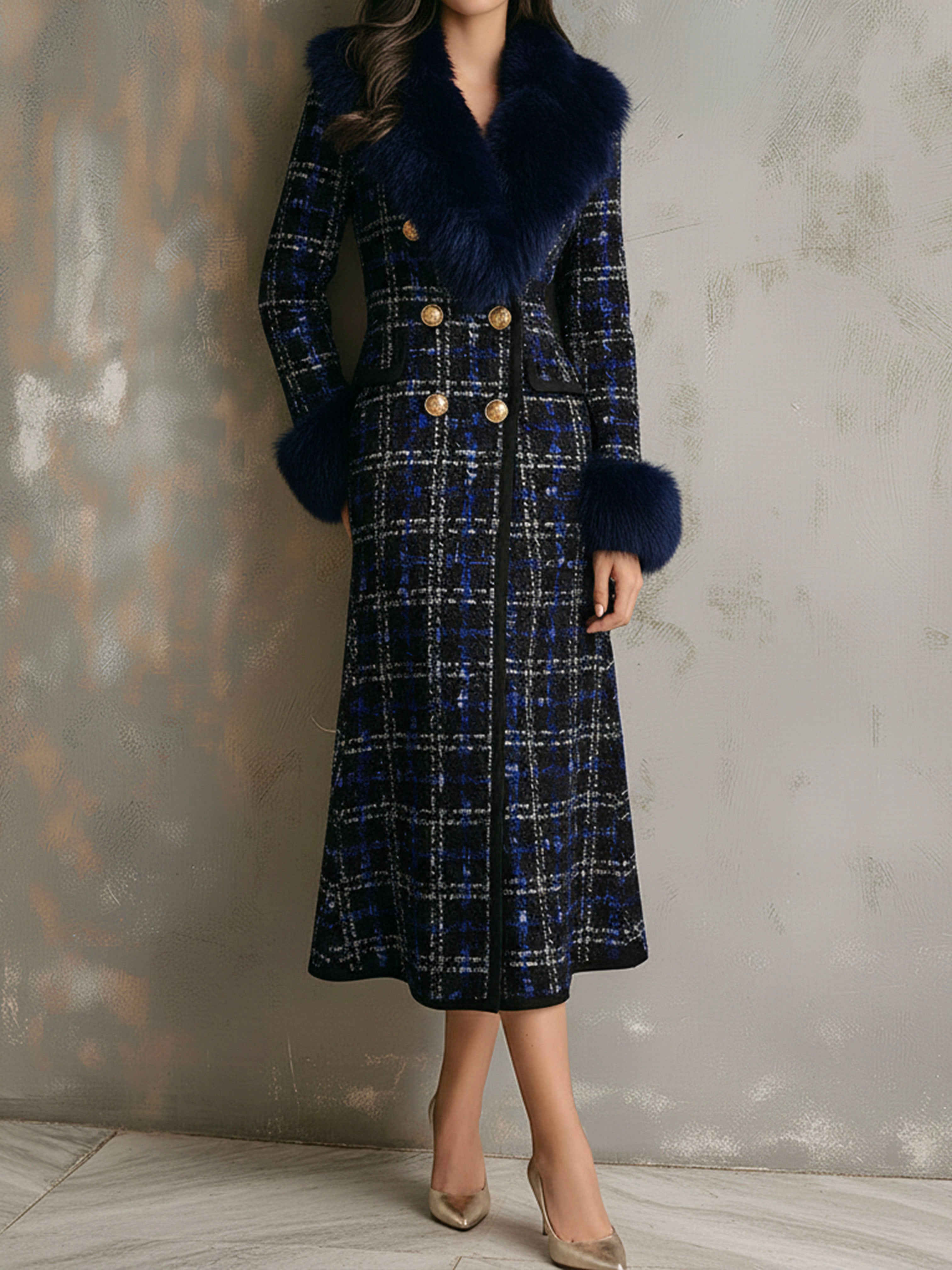 Elegant Navy Plaid Wool Coat With Eco Fur Collar & Cuff