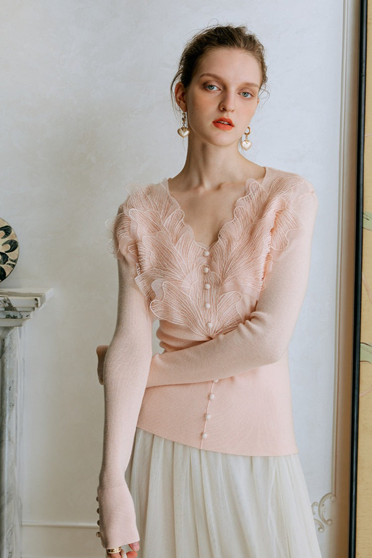 Feather Lace Detail Knit Top