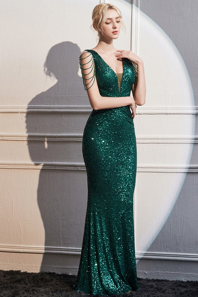 Sequin Deep V-Neck Chain Strap Mermaid Formal Gown