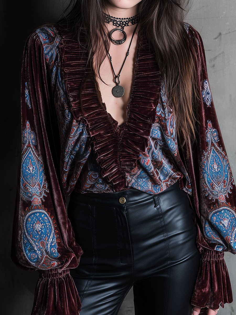 Boho Paisley Print Velvet Puff Sleeve Blouse - Fashionpara