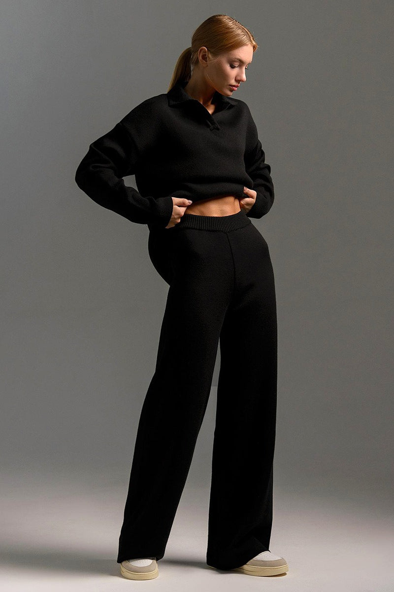 Polo Collar Knit Pullover Wide-Leg Pants Two Piece Set