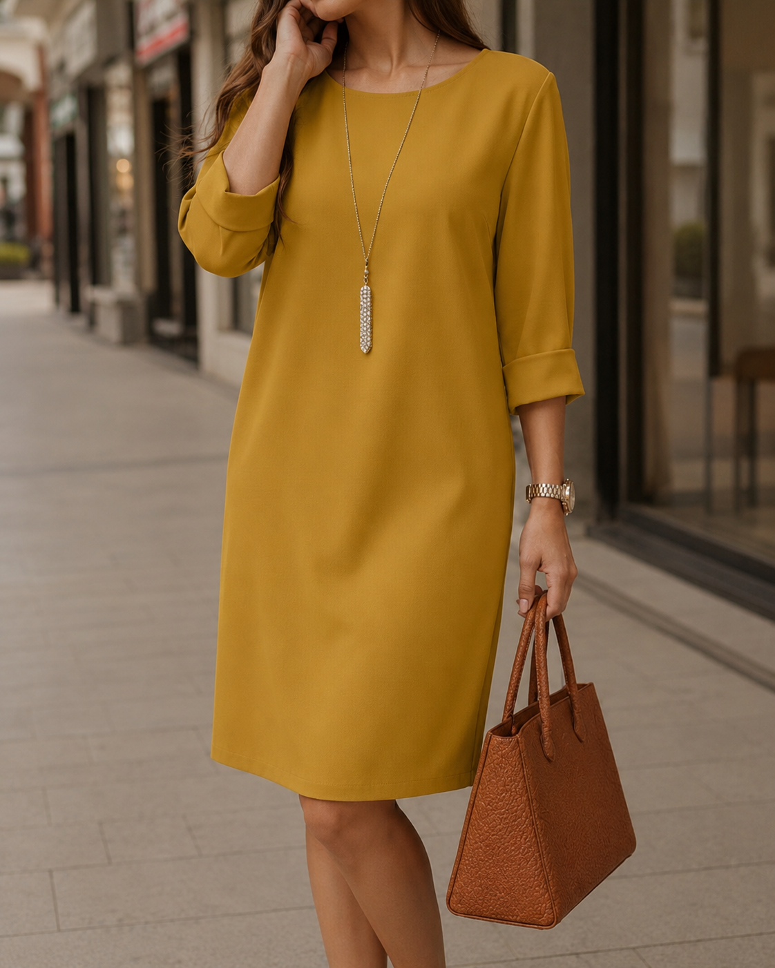 Round Neck Roll Tab Sleeve Pocket Shift Midi Dress 7