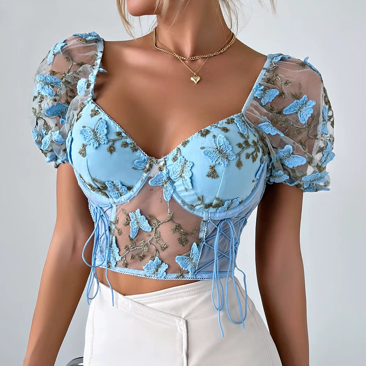 Butterfly Embroidered Mesh Puff Sleeve Lace-up Corset Top - Fashionpara