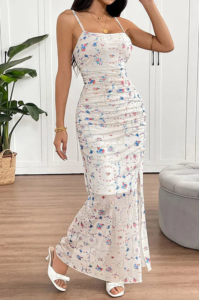 Floral Print Square Neck Ruched High-Slit Maxi Dress