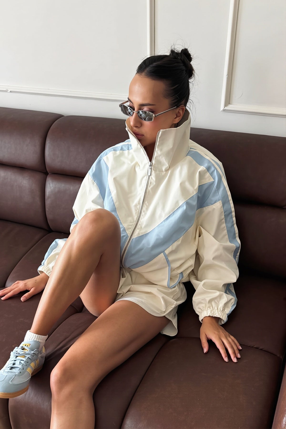 Chevron Color Block Windbreaker Shorts Set
