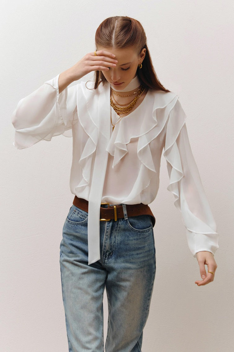 Ruffle Front Scarf Tie Blouse