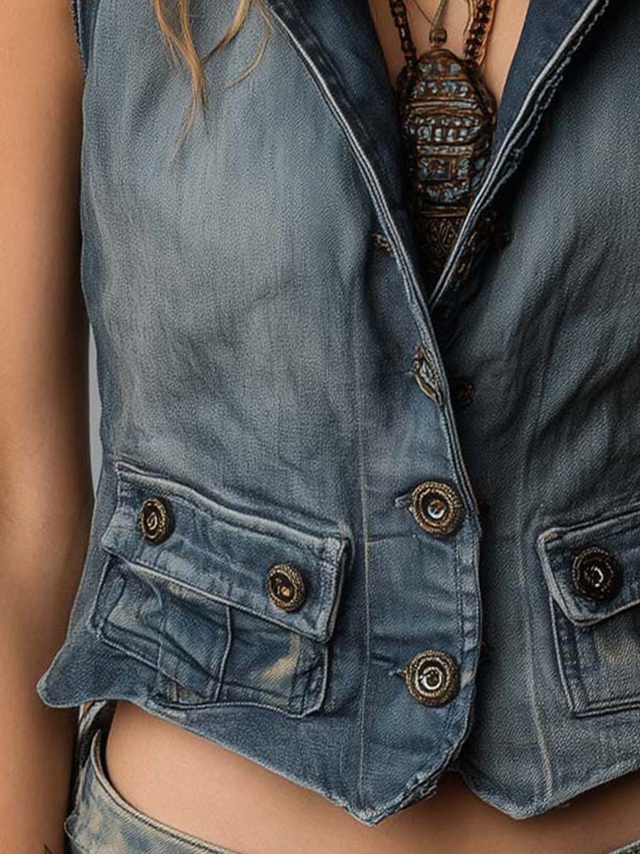Vintage Workwear Style Distressed Blue Jean Vest - Fashionpara
