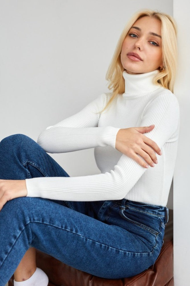 Fitted Ribbed Turtleneck Knit Sweater 6