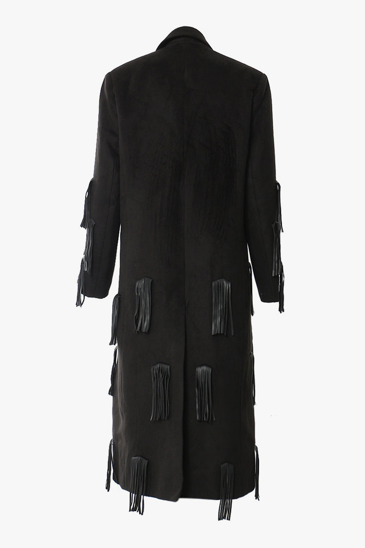 Vegan Leather Fringe Lapel Coat with Shoulder Pads