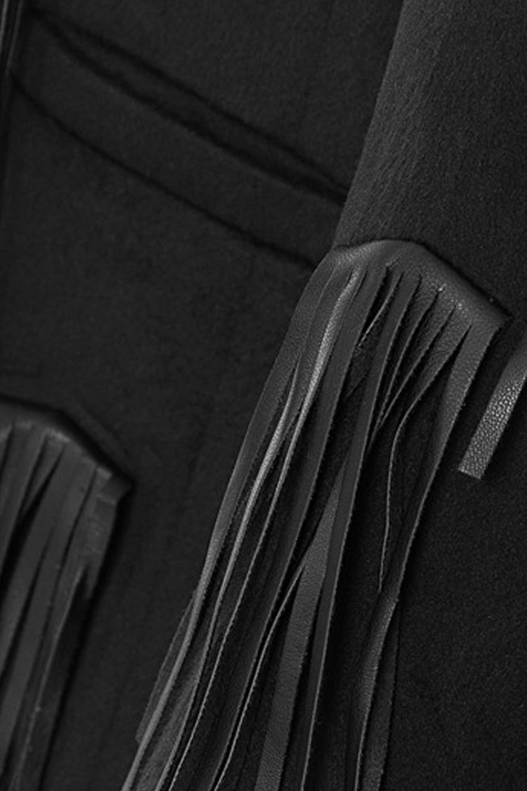 Vegan Leather Fringe Lapel Coat with Shoulder Pads