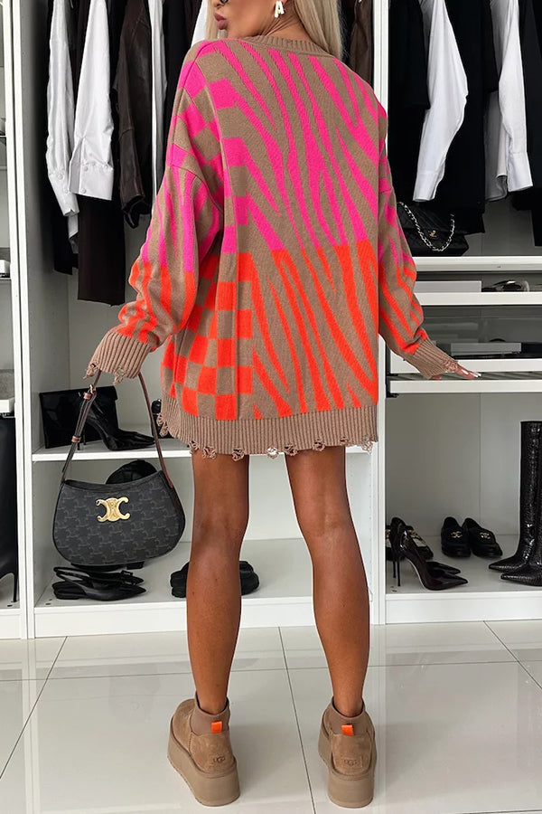 Chic Zebra Knit Sweater with Frayed Hem by Lady Rin