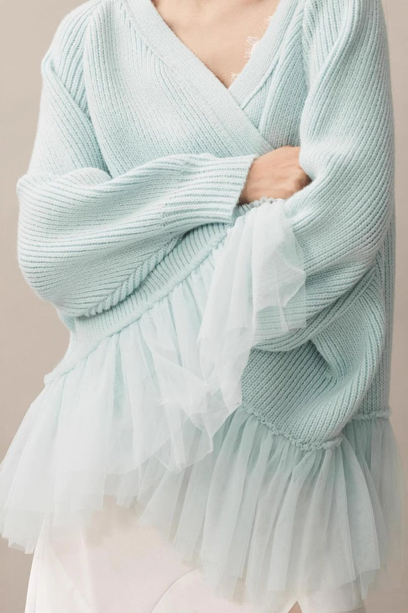 Ruffled Tulle Knit Long-Sleeve Cardigan for Effortless Style